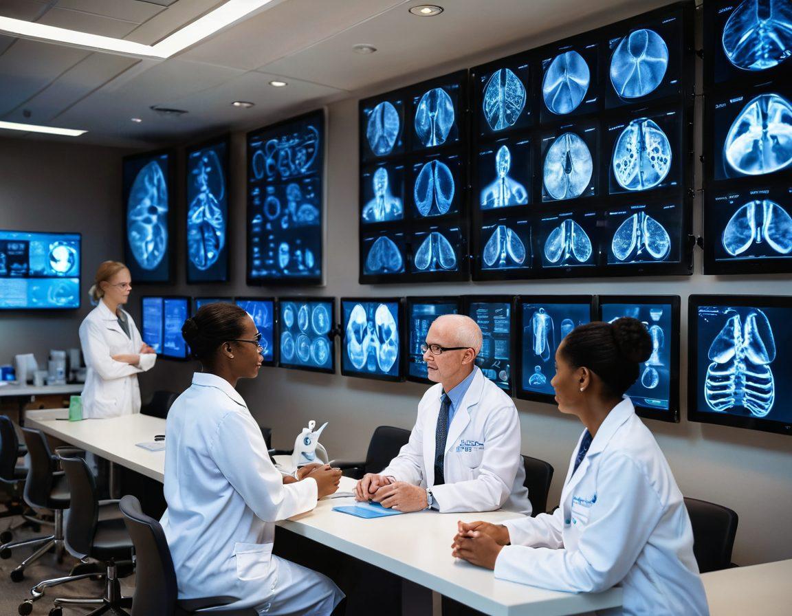 A diverse group of patients in a modern cancer care facility, interacting with state-of-the-art biotechnology devices. Show vibrant screens displaying health data, alongside warm, supportive interactions among medical staff and patients. Illuminate the scene with soft, encouraging lighting to evoke hope and resilience. Include elements like DNA strands and molecular structures in the background, representing biotechnology. super-realistic. vibrant colors. 3D.